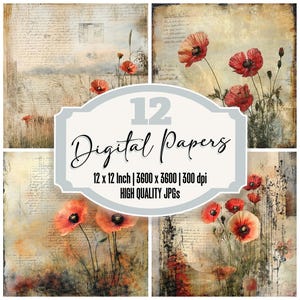 12x Mohn Junk-Journal Papier Digitales Papier Pack Vintage Brief Textur Hohe Qualität JPGs Printable Blumenhintergrund