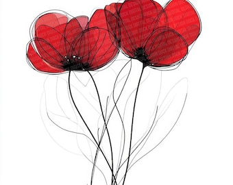 May include: A watercolor painting of red poppies with black stems and leaves on a white background.