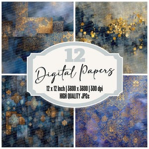 Könnte beinhalten: Zwölf digitale Papiere mit blauen und goldenen Mustern. Der Text auf dem Bild lautet: "12 Digital Papers, 12 x 12 Inch, 3600 x 3600, 300 dpi, High Quality JPGs". Jedes Papier misst 30,48 cm x 30,48 cm.