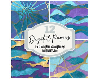12x Seamless Papercut Junk Journal Paper Cyan Violet Abstract Digital Paper Pack Backgrounds Scrapbook Decoupage Papier Decoupes JPGs