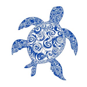 May include: A blue and white stylised illustration of a sea turtle with a swirling pattern on its shell.