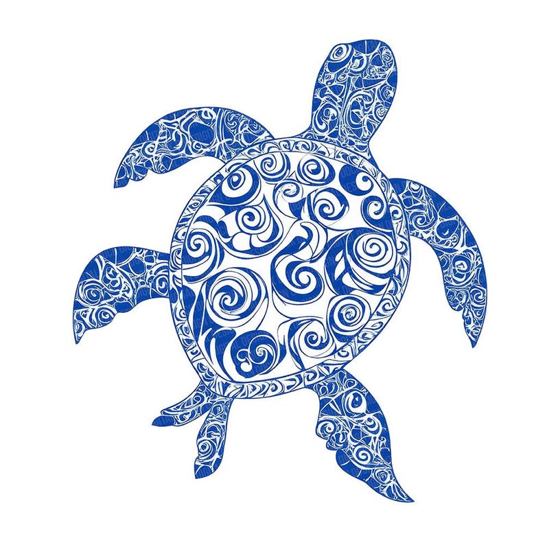 May include: A blue and white stylised illustration of a sea turtle with a swirling pattern on its shell.