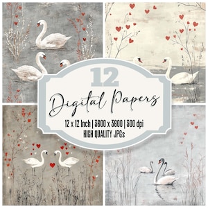 Paquete de 12 papeles digitales con diseño de cisne para diario, corazones románticos, papel para álbum de recortes imprimible, archivos JPG de alta calidad, textura de trigo, descarga