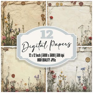 12x bordure de papier pour journal de bordel de fleurs sauvages de cire Paquet de papier numérique Arrière-plans botaniques JPG de haute qualité, papier imprimable, papier de scrapbooking