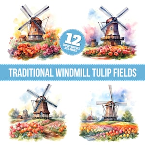 Molino de viento tradicional, 12 archivos JPG, imágenes de tulipanes, imagen imprimible, ilustración, arte mural, descarga digital, revistas basura, gráficos