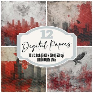12 papeles digitales Warsaw Junk Journal, paquete de papel de la resistencia Eagle, collage de ciudad grunge, archivos JPG de alta calidad, papel para álbum de recortes