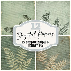 12x Vintage Fern Junk Journal Paper, Distressed Botanical Digital Paper Pack, High Quality JPGs, Scrapbook Paper, Digital Download, Forest