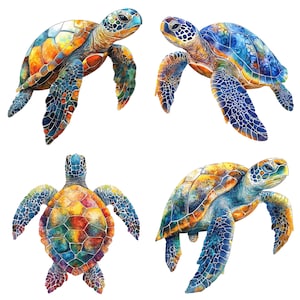 May include: Four colourful sea turtles with intricate shell patterns. The turtles are painted in shades of blue, green, yellow, and orange. The turtles are in various poses, some swimming and some resting.