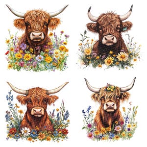 12x Floral Highland Cow PNG Clipart, Watercolor Cow With Flowers Clip ...