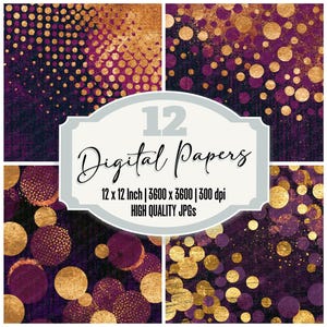 May include: A collection of 12 digital papers featuring purple and gold circular patterns on a dark textured background. The central label displays the text 12 Digital Papers, 12 x 12 Inch, 3600 x 3600, 300 dpi, and HIGH QUALITY JPGs.