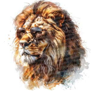 Imágenes prediseñadas de león, 12 archivos JPG, leones con gafas de sol, imágenes prediseñadas de acuarela imprimibles, arte mural, descarga digital instantánea, revistas basura, gráficos