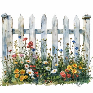 Clipart de valla blanca, 12 archivos JPG, puerta de jardín de flores silvestres, clipart de acuarela imprimible, arte mural, descarga digital, revistas basura, gráficos