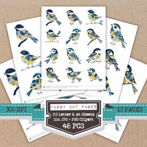 May include: Sheets of paper with watercolor illustrations of birds in blue, yellow, and white. The image includes text that reads "Fussy Cut Pages", "US Letter & A4 Sheets", "Inc. JPG + PNG Clipart", "48 PCS", and "12 PAGES".