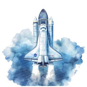Space Shuttle Kunst, 12x NASA Rocket Start Art Set, druckbare Aquarellkunst, digitaler Download, transparenter Hintergrund PNG, Science Crafts