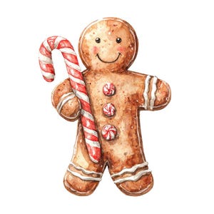 May include: Watercolor illustration of a gingerbread man holding a red and white striped candy cane. The gingerbread man has a smiling face, rosy cheeks, and three candy buttons. Festive holiday theme.