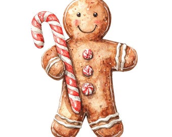 12x Christmas Gingerbread Man with Candy Cane PNG Clipart, Watercolor Holiday Clip Art Set, Printable Gingerbread Clip Art, Digital Download