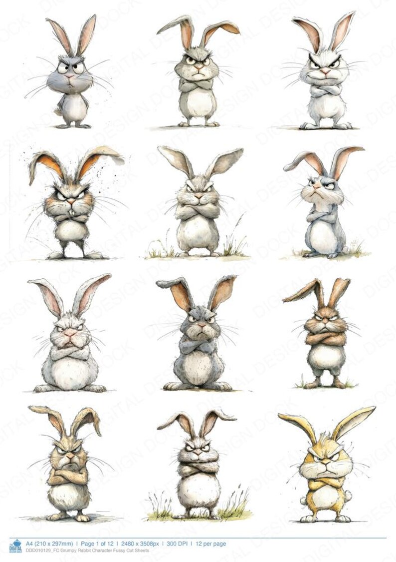 Grumpy Rabbit Character Fussy Cut Sheets, 12x Printable Pages, Junk ...