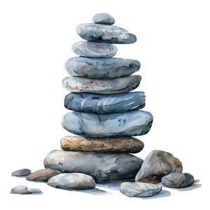 Zen Stones PNG Clipart, 12x Stacked Rock Clip Art Set, Printable Watercolor Stone Clipart, Digital Download, Transparent PNG, Balance Art