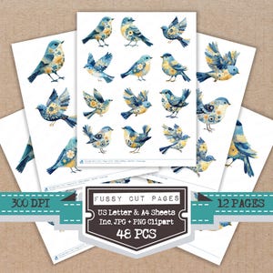 May include: Sheets of paper with watercolor illustrations of blue and yellow birds. The birds are in various poses, some with wings spread. The text on the image says "Fussy Cut Pages", "US Letter & A4 Sheets", and "48 PCS".