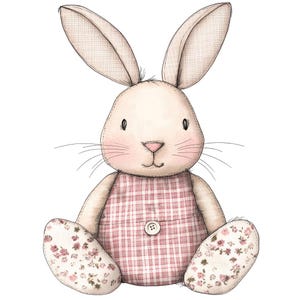Puede incluir: Un conejo de peluche con orejas largas, bigotes y nariz rosa. El conejo viste un vestido a cuadros rosa y blanco con un botón y pies con estampado floral. El diseño es suave y atractivo, ideal para una habitación infantil.