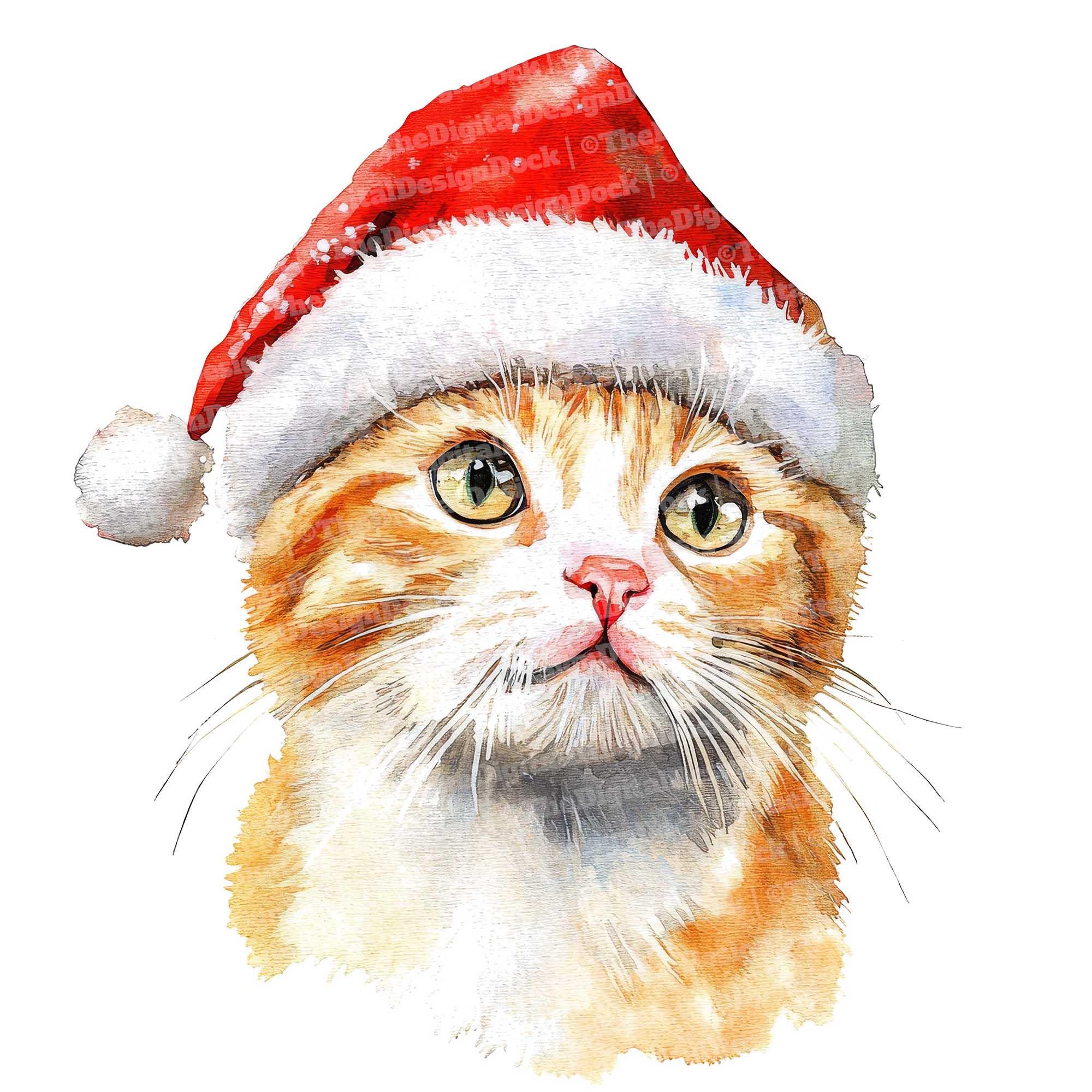 クリスマス猫のクリップアート、12 枚のサンタ猫の水彩クリップアート