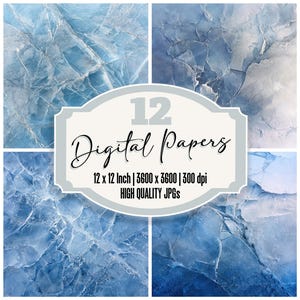 Può includere: Un set di 12 carte digitali con una texture di ghiaccio marmorizzato nei toni del blu e del bianco. Ogni carta misura 30.48 cm x 30.48 cm, con una risoluzione di 3600 x 3600 pixel a 300 dpi. L'immagine include il testo "Digital Papers".