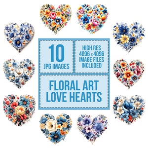 10x Formas de coração floral Amor Coração em forma de flores Clipart JPG Pacote de clipart digital Downloads Arquivo jpeg Designs de camisetas Uso comercial