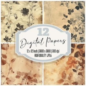 12 x Sépia Floral Négatif Junk Journal Paper vintage Botanical Digital Paper Pack JPGs de haute qualité Texture vieillie arrière-plan Scrapbooking