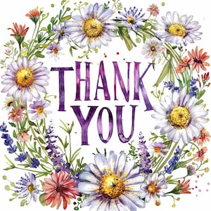 12 x Floral Merci Clipart, Clipart fleurs JPG, Clipart aquarelle imprimable, art mural, créations en papier, téléchargement numérique, journaux indésirables