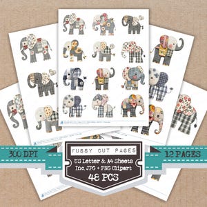 May include: Sheets of paper featuring whimsical elephant illustrations in various patterns and colors. The elephants have patchwork designs in shades of gray, blue, and floral prints. The image includes the text "Fussy Cut Pages" and "48 PCS".