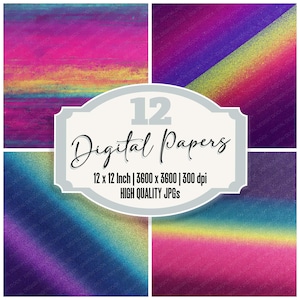 12x Rainbow Static Grain Texture Junk Journal Digital Paper Pack Neon Gradient Noise Backgrounds Vaporwave Color Spectrum Scrapbook Paper
