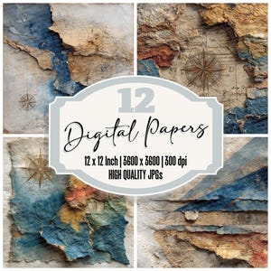 May include: A collage of four digital papers with a vintage map theme. Each paper features a section of a map with a compass rose, in shades of blue, brown, and beige. The text reads "12 Digital Papers" and details about the paper size and resolution.