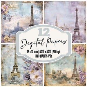 12 x France Charm Junk Journal Paper Pack de papier numérique vintage, Paris en détresse, JPG de haute qualité, pages de journal pour scrapbooking