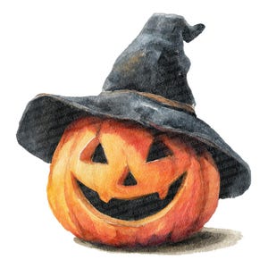Puede incluir: Ilustración en acuarela de una calabaza sonriente con un sombrero de bruja negro. La calabaza es naranja con ojos, nariz y boca tallados. El sombrero es gris oscuro, ideal para Halloween.