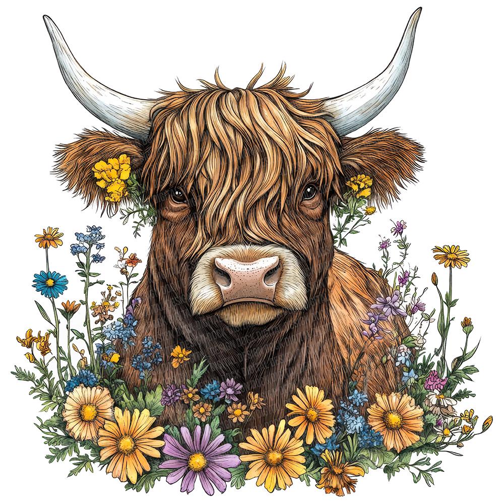 12x Floral Highland Cow PNG Clipart, Watercolor Cow With Flowers Clip ...