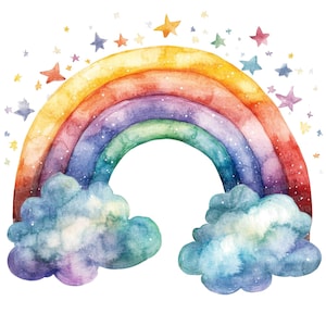 12 imágenes prediseñadas de arcoíris y nubes, estrellas y arcoíris en acuarela, arte imprimible para guardería, manualidades de papel, arte mural, descarga digital, diarios basura