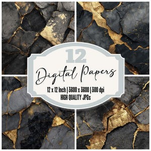 May include: A digital art print featuring four panels of abstract designs. The designs have a dark gray and gold color scheme, resembling cracked stone. The image includes the text "12 Digital Papers" and details about the size and resolution.