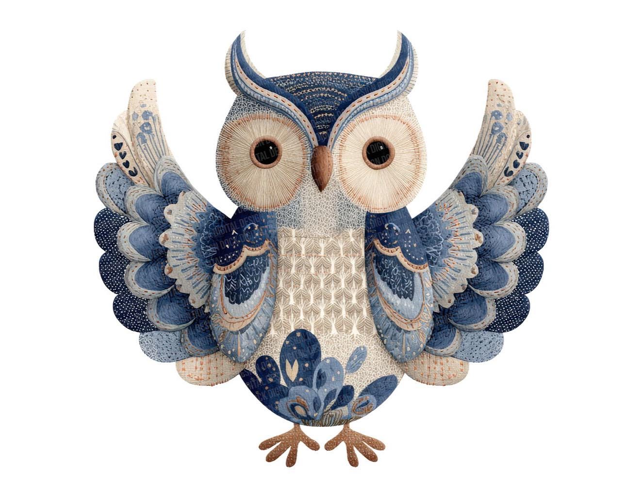 12x Woodland Owl PNG Clipart, Fabric Patchwork Owl Clip Art Set, Printable Watercolor Clip Art, Tran