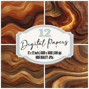 Paquete de 12 papeles digitales con textura de remolino, de Koa rizado, con vetas de bronce flameado, de alta calidad, para álbumes de recortes, descargas en formato JPG