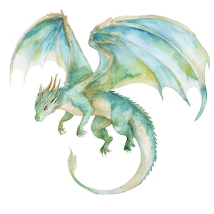 May include: A watercolor painting of a green dragon with blue wings. The dragon is flying with its wings spread out and its tail curled behind it.