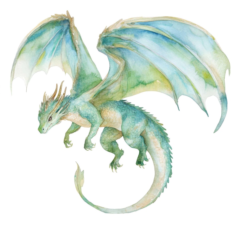 May include: A watercolor painting of a green dragon with blue wings. The dragon is flying with its wings spread out and its tail curled behind it.