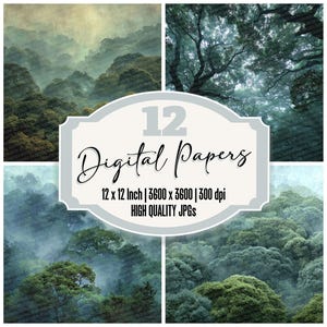May include: A collection of 12 digital papers featuring misty forest scenes. Each paper is 12 x 12 inches and has a resolution of 3600 x 3600 pixels at 300 dpi. The image includes the text "Digital Papers".