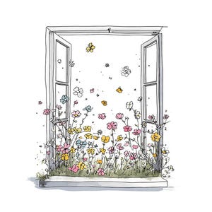 May include: A black and white line drawing of an open window with colorful flowers and butterflies. The flowers are pink, yellow, and blue, and are growing in a window box. Butterflies are floating in the air.
