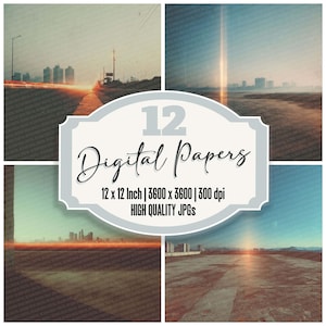 May include: A digital art print featuring four landscape photographs with a vintage aesthetic. The images showcase cityscapes and roads at dusk. The central graphic reads "12 Digital Papers, 12 x 12 Inch, High Quality JPGs."