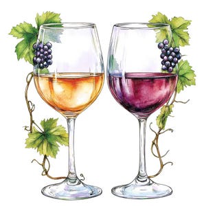 May include: Two wine glasses, one filled with white wine and the other with red wine. Both glasses are decorated with grapevines and grapes.