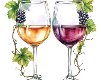 Peut inclure: Deux verres à vin, l'un rempli de vin blanc et l'autre de vin rouge. Les deux verres sont décorés de vignes et de raisins.
