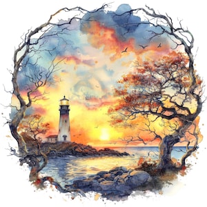 Clipart del faro, 12 JPG, Clip art del faro con cornice ad albero, Immagine stampabile, Illustrazione, Arte murale, Download digitale, Diari spazzatura, Grafica
