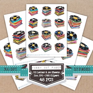 Puede incluir: Ilustraciones en acuarela de discos de vinilo apilados sobre papel de colores. La imagen incluye varias hojas de papel con varias disposiciones de las pilas de discos. El texto de la imagen dice "Fussy Cut Pages" y "48 PCS".