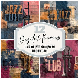 May include: A collection of 12 digital papers with a jazz theme. The design incorporates trumpets, the words "JAZZ CLUB", and musical notes against a textured backdrop in blue, red, and gold. The text "12 Digital Papers" is also included.