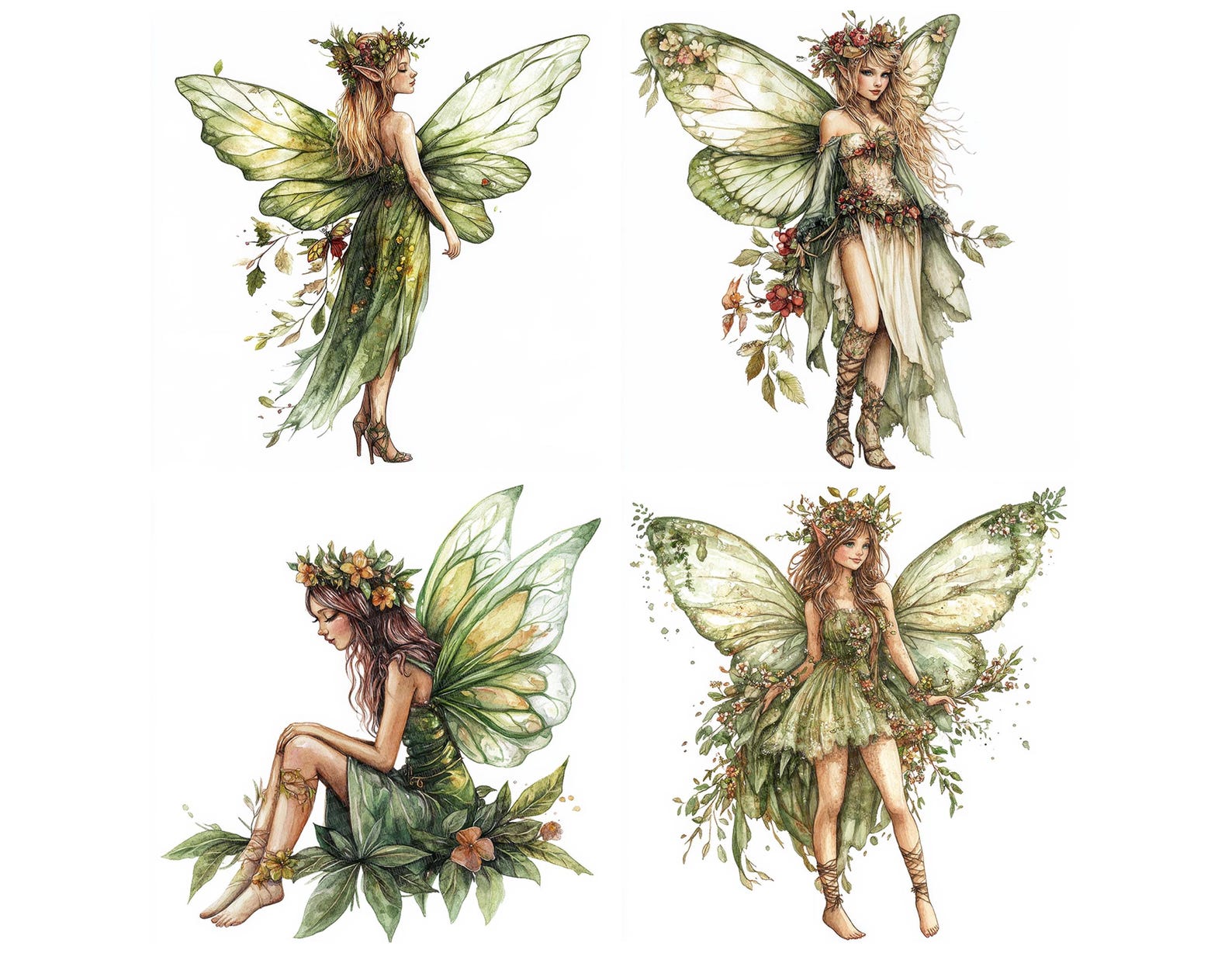 Watercolor Fairy PNG Clip Art, 12x Forest Fairy Clipart Set, Green Leaf ...